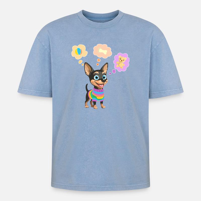 Süßer Hund im Regenbogenpullover für Kinder - Oversized Unisex Premium Acid-Washed T-Shirt - Blau Acid Wash