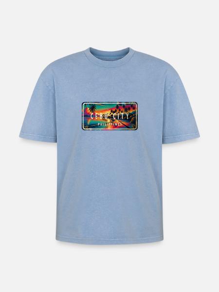 Cebu City – Tropical Retro Sign - Oversized Unisex Premium Acid-Washed T-Shirt - acid washed blue