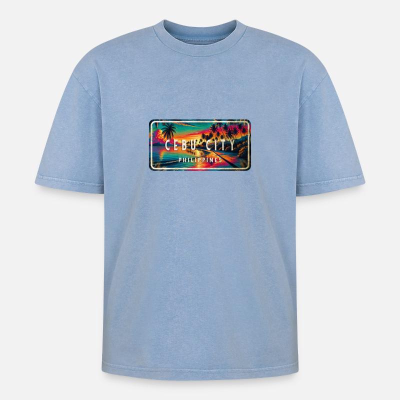 Cebu City – Tropical Retro Schild - Oversized Unisex Premium Acid-Washed T-Shirt - Blau Acid Wash