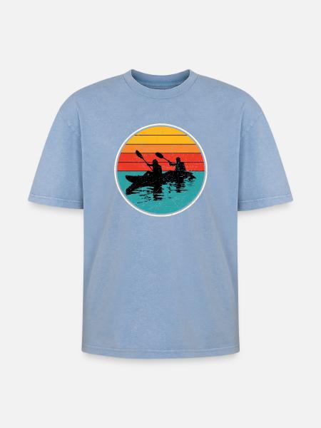 Sunset Kayak Duo Circle - Oversized Unisex Premium Acid-Washed T-Shirt - acid washed blue