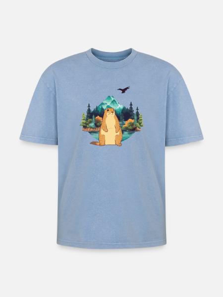 Murmeltier - Oversized Unisex Premium Acid-Washed T-Shirt - Blau Acid Wash