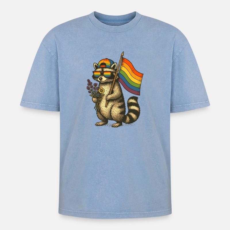 Waschbär Pride mit Regenbogenflagge - Oversized Unisex Premium Acid-Washed T-Shirt - Blau Acid Wash