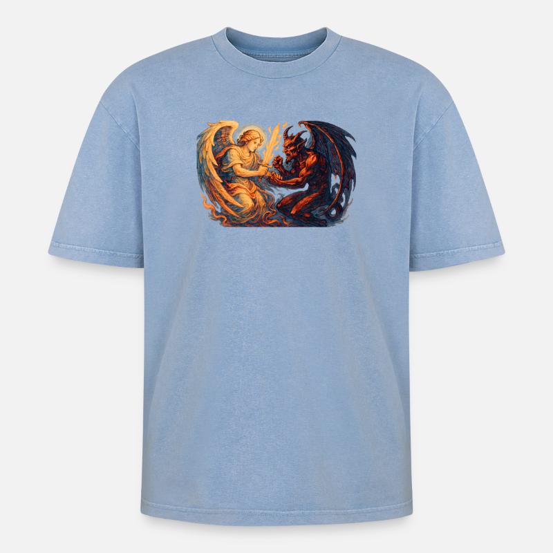 Archange céleste vs Bête infernale - T-shirt Premium unisexe oversize acid-washed - bleu délavé acide