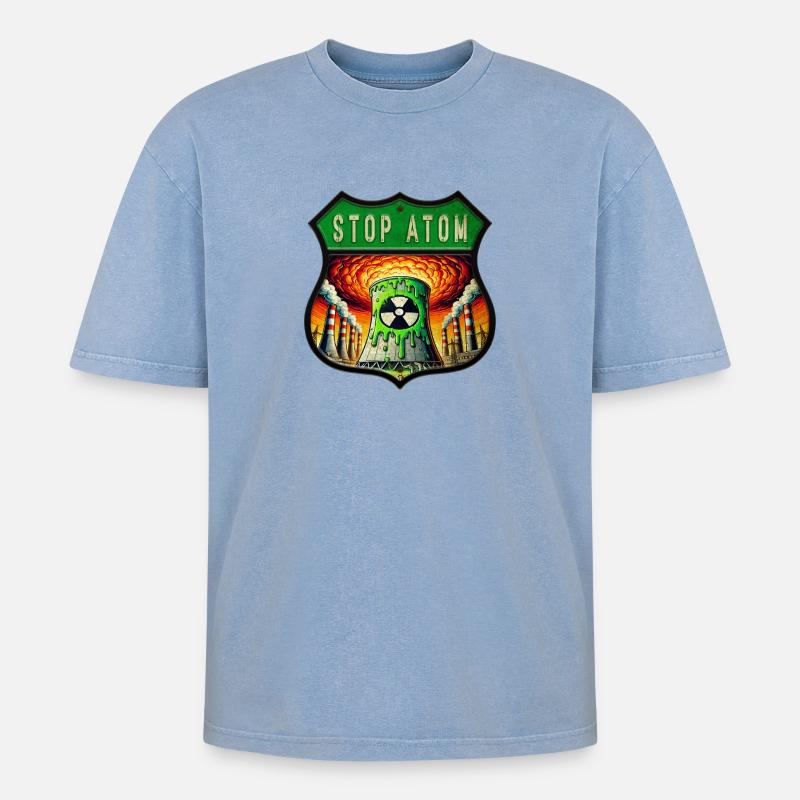 Stop Atom Wappen Design - Oversized Unisex Premium Acid-Washed T-Shirt - Blau Acid Wash