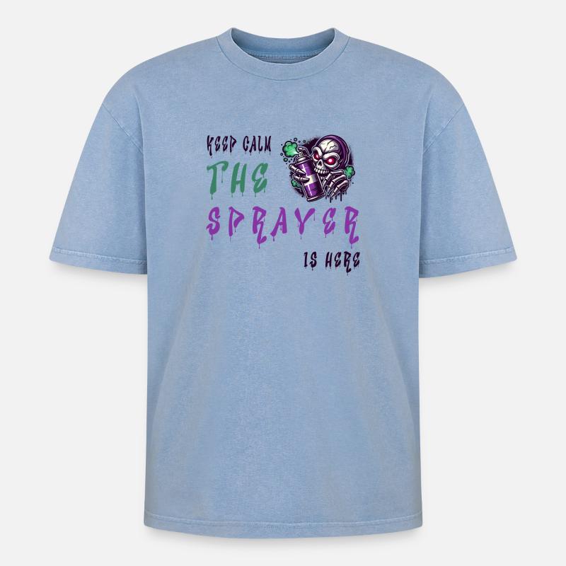 Keep Calm – The Sprayer - Oversized Unisex Premium Acid-Washed T-Shirt - Blau Acid Wash