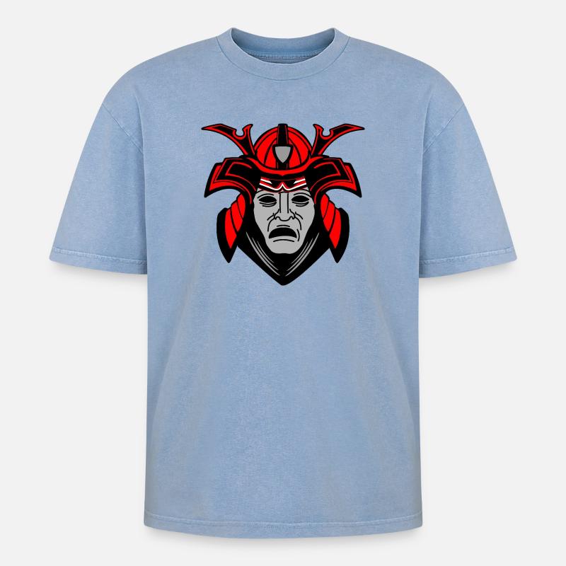 Düsteres Samurai-Gesicht mit Helm - Oversized Unisex Premium Acid-Washed T-Shirt - Blau Acid Wash