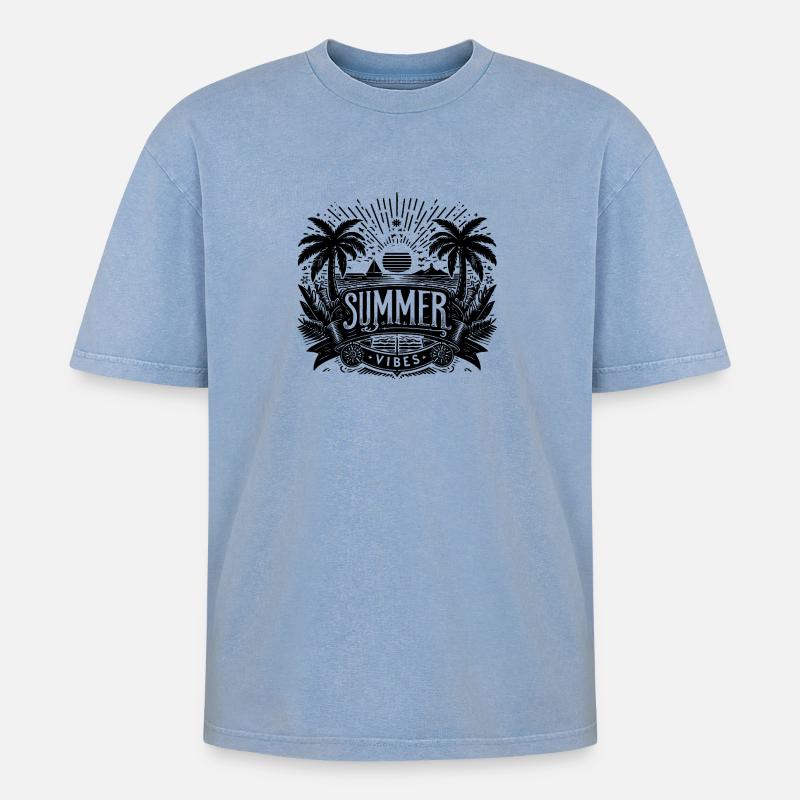 SUMMER Vibes, Beach Design - Oversized Unisex Premium Acid-Washed T-Shirt - Blau Acid Wash