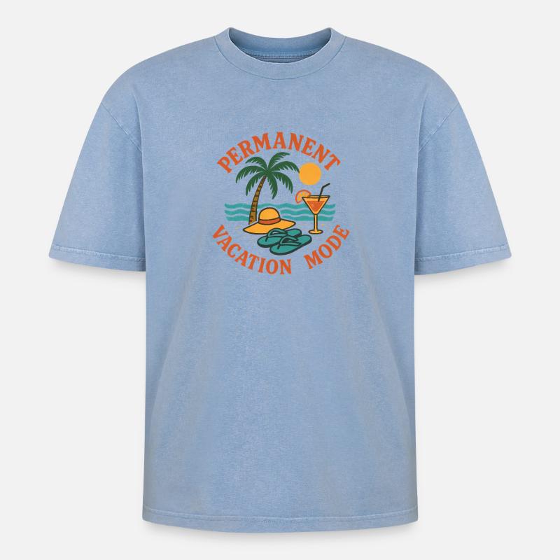Permanenter Urlaub Retro-Modus - Oversized Unisex Premium Acid-Washed T-Shirt - Blau Acid Wash