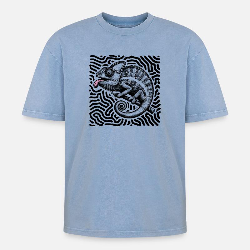 Chamäleon Psychedelisches Labyrinth Kunst - Oversized Unisex Premium Acid-Washed T-Shirt - Blau Acid Wash