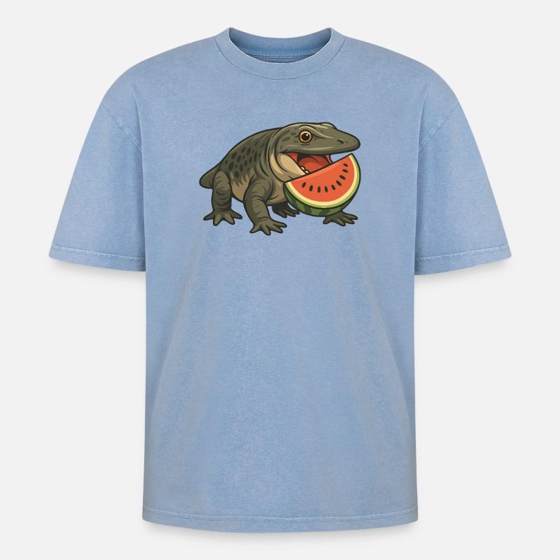 Urzeitliches Amphibien-Evolution Cartoon Melone - Oversized Unisex Premium Acid-Washed T-Shirt - Blau Acid Wash