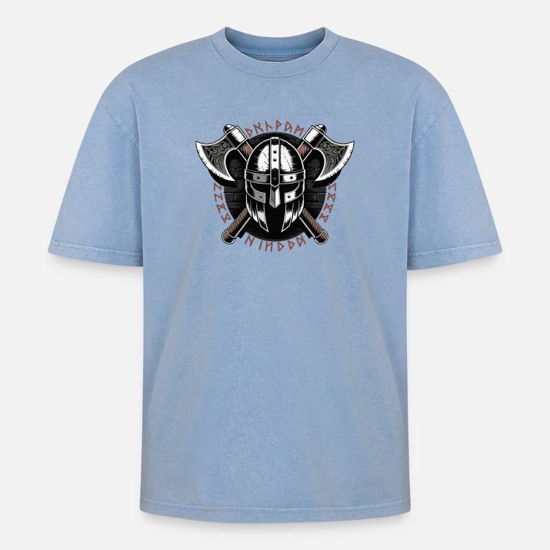Wikinger-Krieger-Schild und Axt-Emblem - Oversized Unisex Premium Acid-Washed T-Shirt - Blau Acid Wash