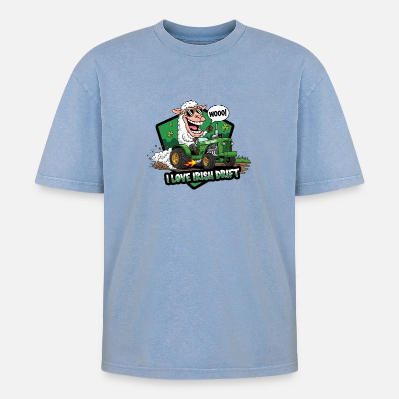 Irisches Drift Schaf Auto Design - Oversized Unisex Premium Acid-Washed T-Shirt - Blau Acid Wash