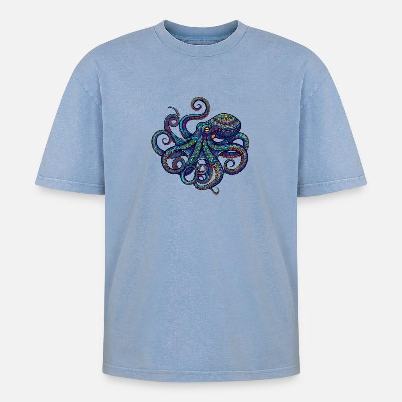 Octopus - Oversized Unisex Premium Acid-Washed T-Shirt - Blau Acid Wash