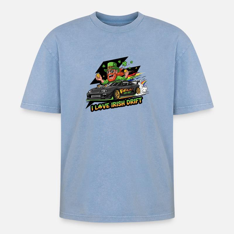 Irish Drift Celebration Tee - Oversized Unisex Premium Acid-Washed T-Shirt - acid washed blue