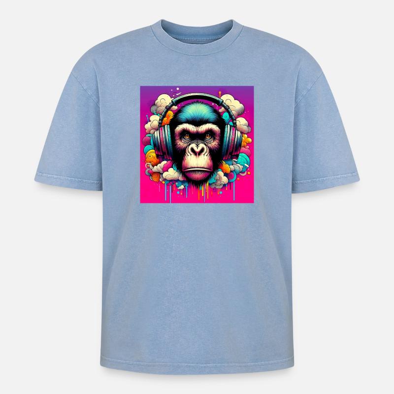 Schimpansen-Affe - Oversized Unisex Premium Acid-Washed T-Shirt - Blau Acid Wash
