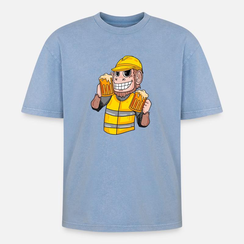 Construction worker monkey with beer - Oversized Unisex Premium Acid-Washed T-Shirt - acid washed blue