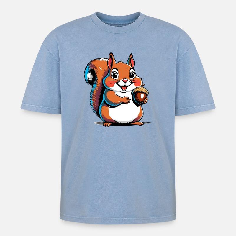 Niedlicher Eichhörnchen Druck mit Eichel - Oversized Unisex Premium Acid-Washed T-Shirt - Blau Acid Wash