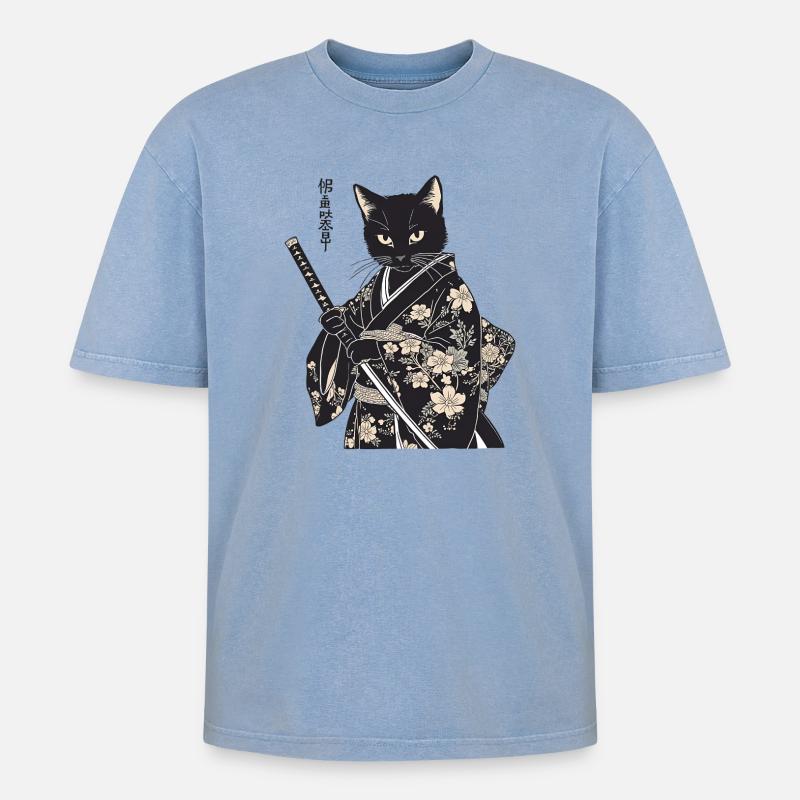 Samurai Katze – moderner japanischer Style - Oversized Unisex Premium Acid-Washed T-Shirt - Blau Acid Wash