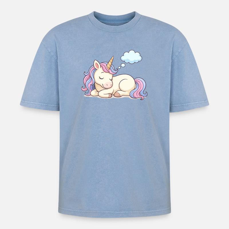 Schlafendes Einhorn mit Regenbogenmähne - Oversized Unisex Premium Acid-Washed T-Shirt - Blau Acid Wash