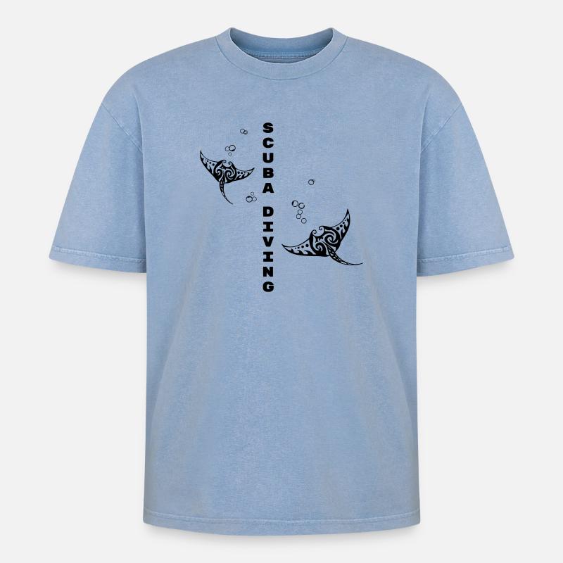 Tauchen – Stammes-Mantarochen-Design - Oversized Unisex Premium Acid-Washed T-Shirt - Blau Acid Wash