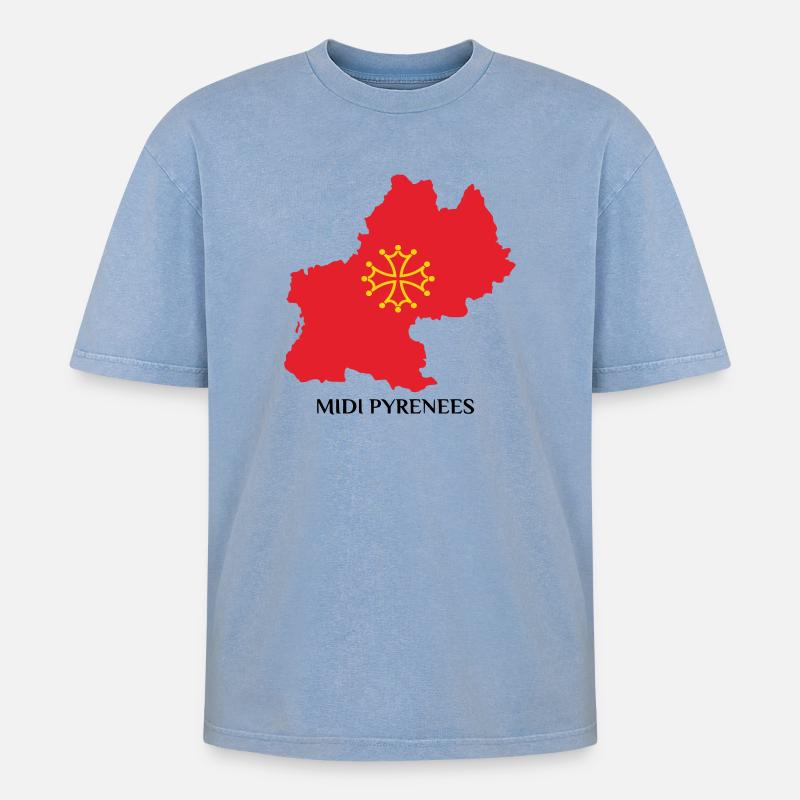Karte der Midi-Pyrénées - Oversized Unisex Premium Acid-Washed T-Shirt - Blau Acid Wash