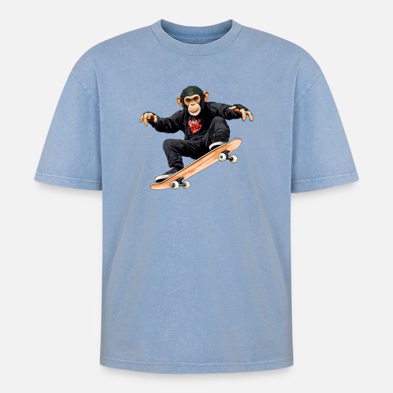 Monkey Skateboard - Oversized Unisex Premium Acid-Washed T-Shirt - acid washed blue