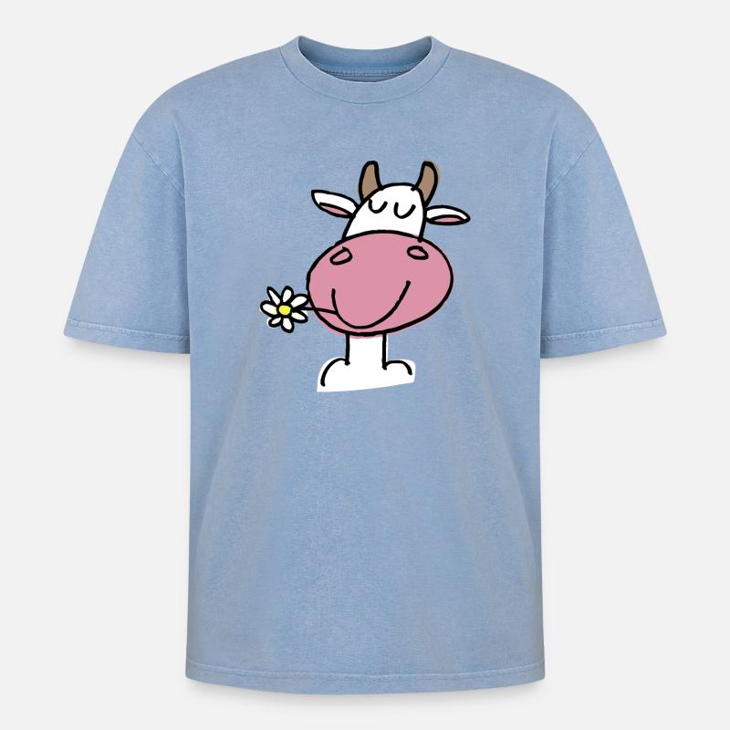 Vache Joyeuse et Fleur Délicate - T-shirt Premium unisexe oversize acid-washed - bleu délavé acide