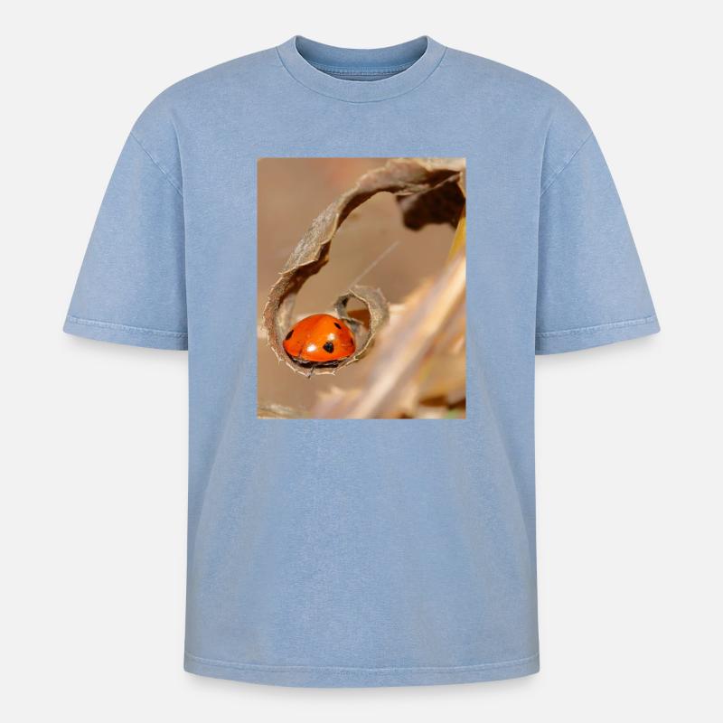 Ladybug on dried leaf - Oversized Unisex Premium Acid-Washed T-Shirt - acid washed blue