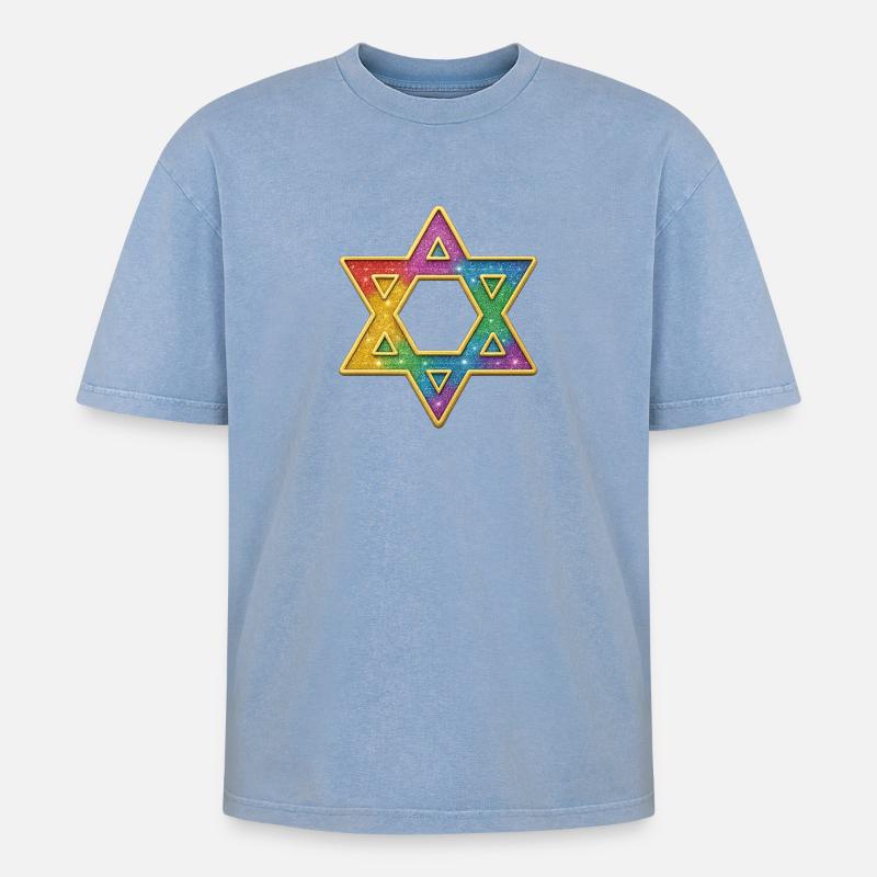 Davidstern | Regenbogen Glitzer Davidstern - Oversized Unisex Premium Acid-Washed T-Shirt - Blau Acid Wash