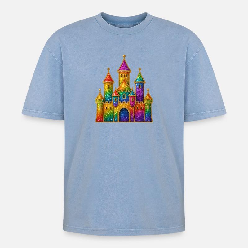 Regenbogen-Glitzer-Schloss-Design - Oversized Unisex Premium Acid-Washed T-Shirt - Blau Acid Wash