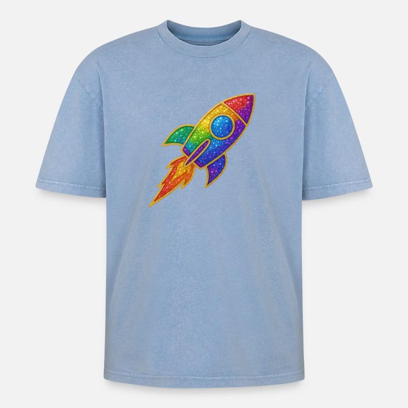 Regenbogen Rakete Glitzer Design - Oversized Unisex Premium Acid-Washed T-Shirt - Blau Acid Wash
