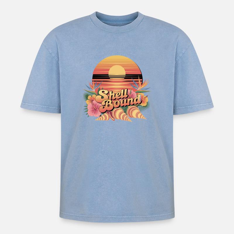 Shell Bound Tropical Sunset Landscape - Oversized Unisex Premium Acid-Washed T-Shirt - acid washed blue