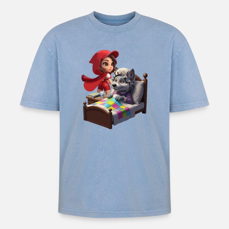 Rotkäppchen bei Oma Wolf - Oversized Unisex Premium Acid-Washed T-Shirt - Blau Acid Wash