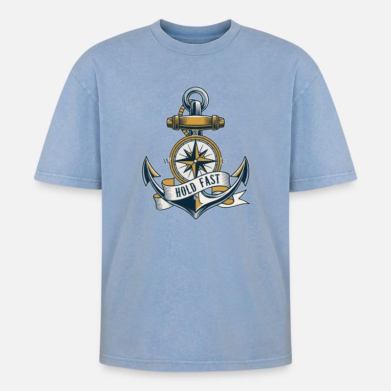 Anker - Hold Fast - Oversized Unisex Premium Acid-Washed T-Shirt - Blau Acid Wash