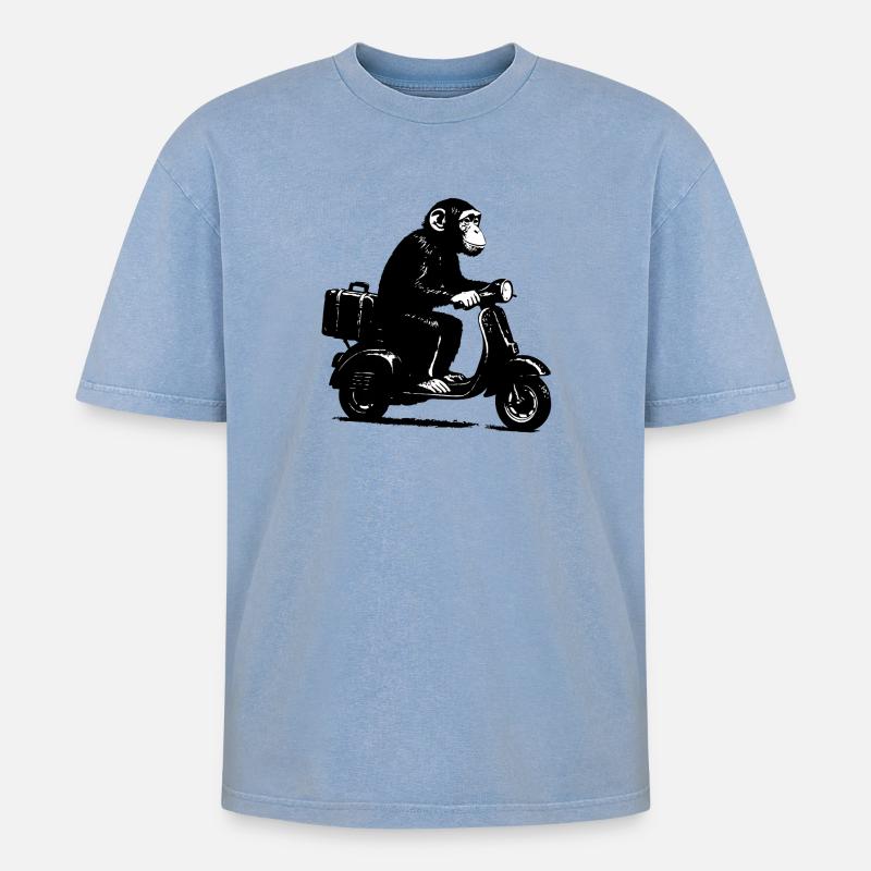 Retro Affe auf Moped | Roller-Affe - Oversized Unisex Premium Acid-Washed T-Shirt - Blau Acid Wash