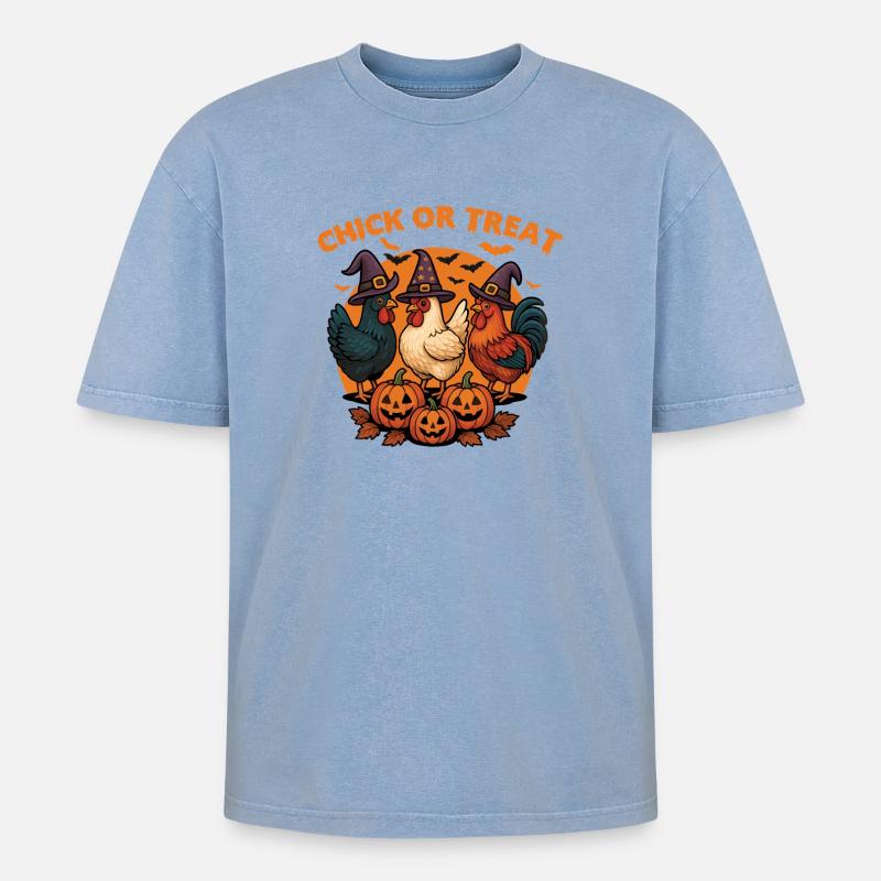 Küken oder Leckerli Gruseliges Halloween-Huhn - Oversized Unisex Premium Acid-Washed T-Shirt - Blau Acid Wash