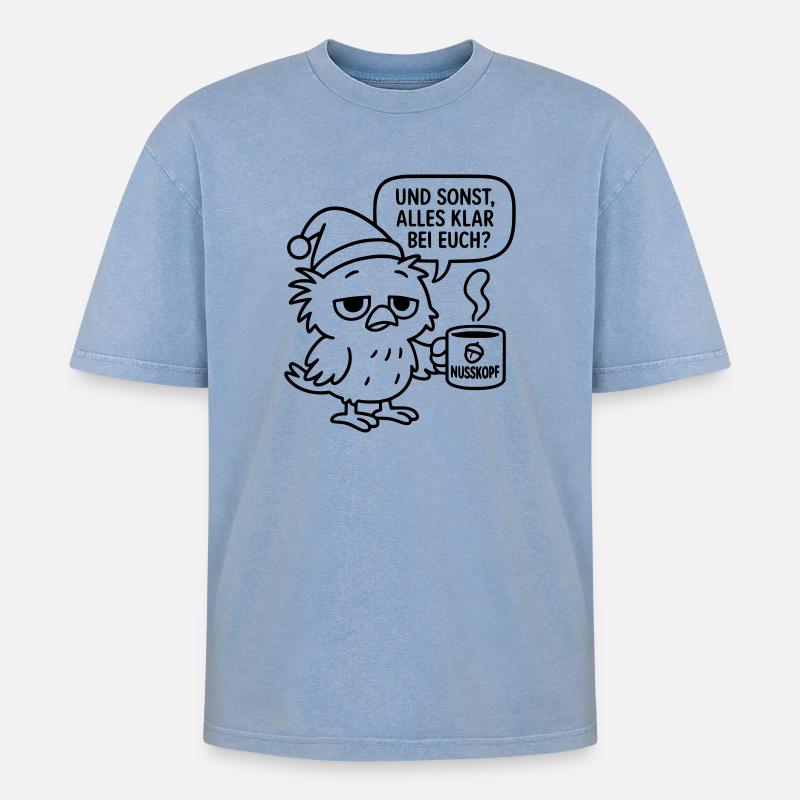 Morgenmuffel Vogel_mit_Kaffeetasse_und_Sprechblase - Oversized Unisex Premium Acid-Washed T-Shirt - Blau Acid Wash