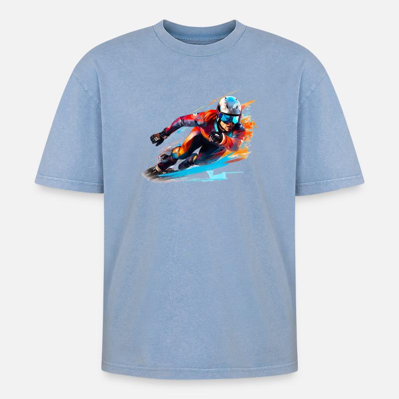 Fahrender Skirennfahrer mit Farbexplosion - Oversized Unisex Premium Acid-Washed T-Shirt - Blau Acid Wash