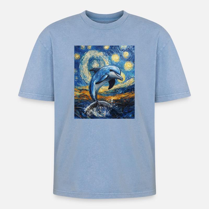 Delfin Van Gogh Style Starry  - Oversized Unisex Premium Acid-Washed T-Shirt - Blau Acid Wash