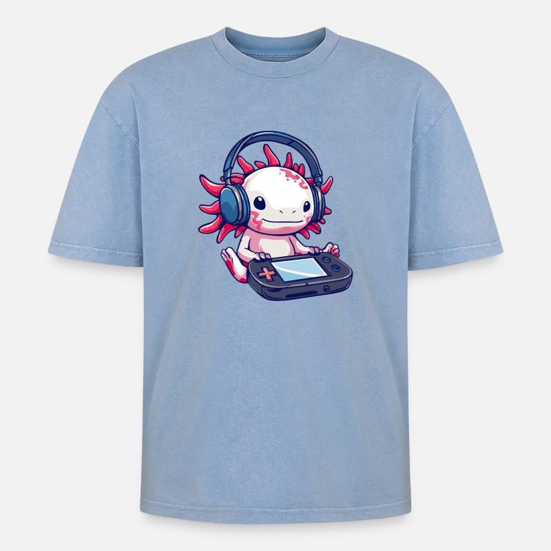 Axolotl mit Kopfhörern und Gaming-Controller - Oversized Unisex Premium Acid-Washed T-Shirt - Blau Acid Wash