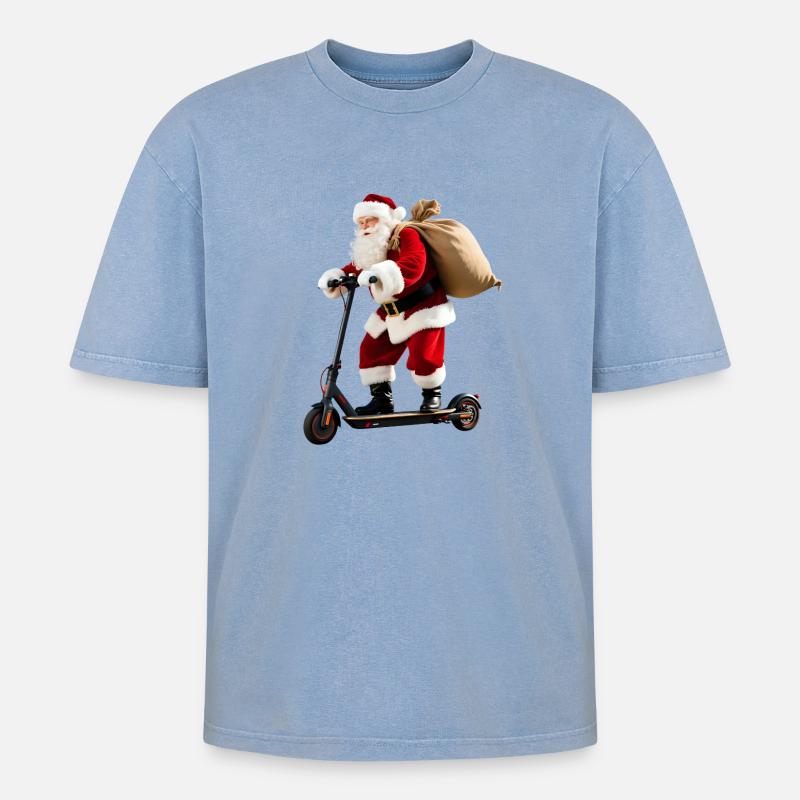 Weihnachtsmann auf Roller - Oversized Unisex Premium Acid-Washed T-Shirt - Blau Acid Wash