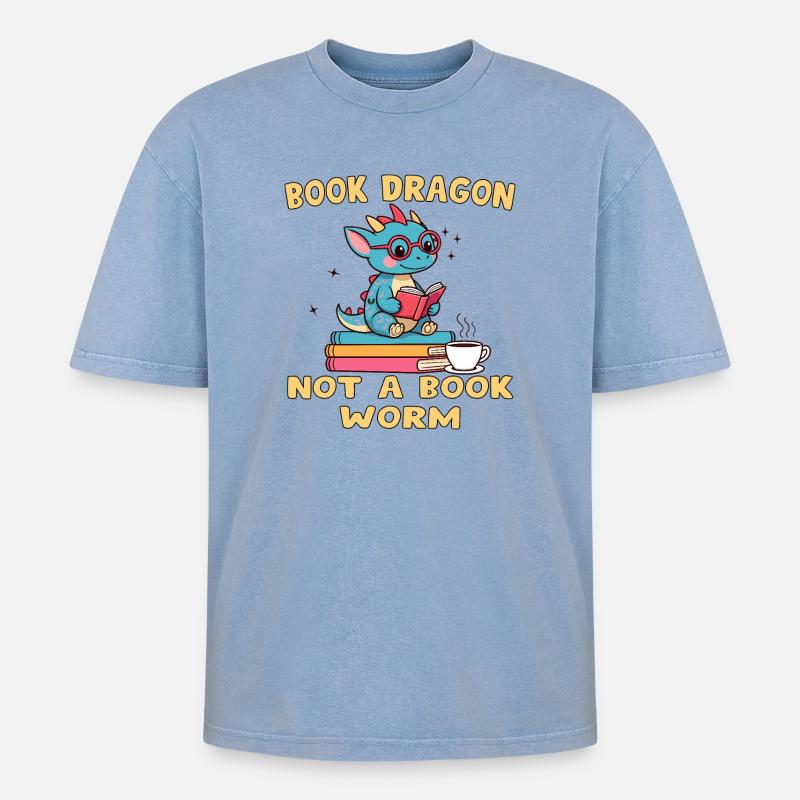 Drache Bibliophile Eule - Oversized Unisex Premium Acid-Washed T-Shirt - Blau Acid Wash