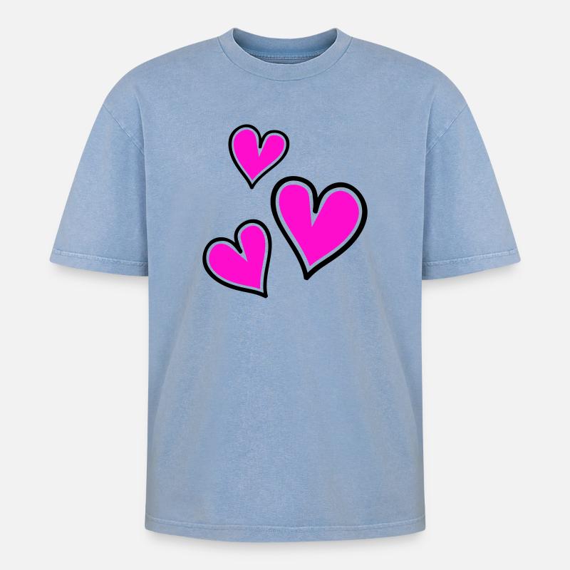 Bright Pink Heart Pattern - Oversized Unisex Premium Acid-Washed T-Shirt - acid washed blue