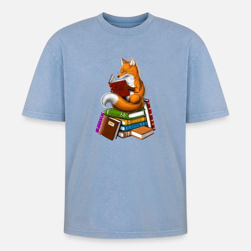 Fuchs liest ein Buch - Oversized Unisex Premium Acid-Washed T-Shirt - Blau Acid Wash
