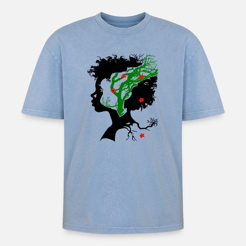 Abstrakter Baum mit Blüten - Oversized Unisex Premium Acid-Washed T-Shirt - Blau Acid Wash