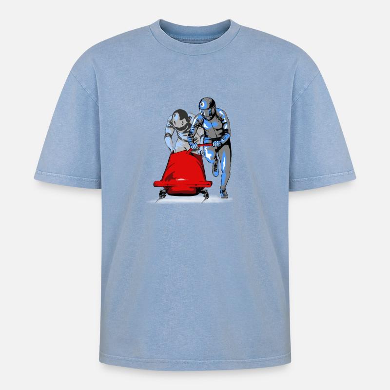 Bobfahrer beim Anschieben am Start - Oversized Unisex Premium Acid-Washed T-Shirt - Blau Acid Wash