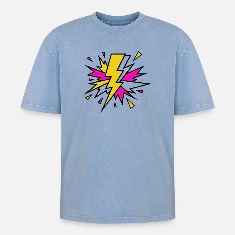 Gelber Strahl Neon-Explosion - Oversized Unisex Premium Acid-Washed T-Shirt - Blau Acid Wash