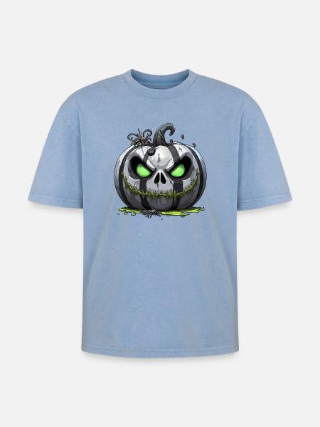 Grim Pumpkin Zombie with Green Eyes - Oversized Unisex Premium Acid-Washed T-Shirt - acid washed blue