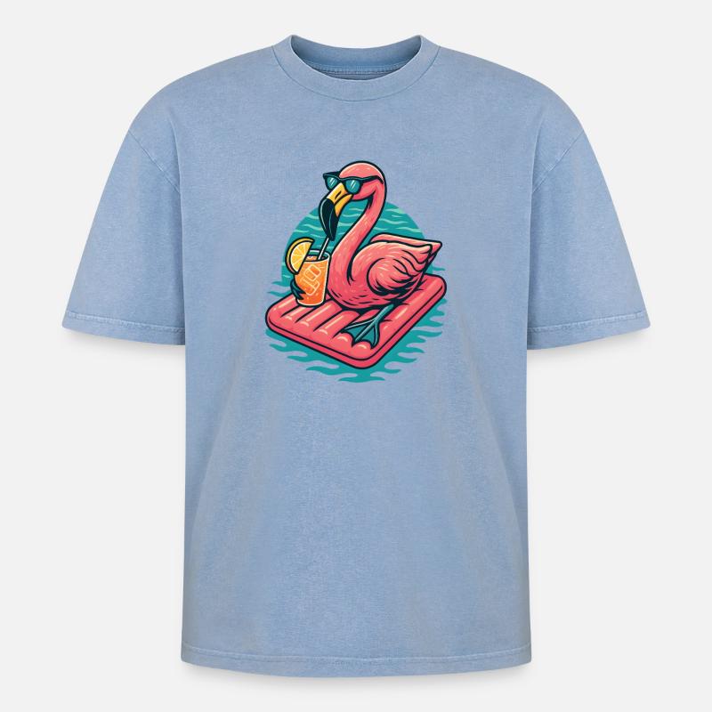 Flamingo Beach Lounge-Atmosphäre - Oversized Unisex Premium Acid-Washed T-Shirt - Blau Acid Wash