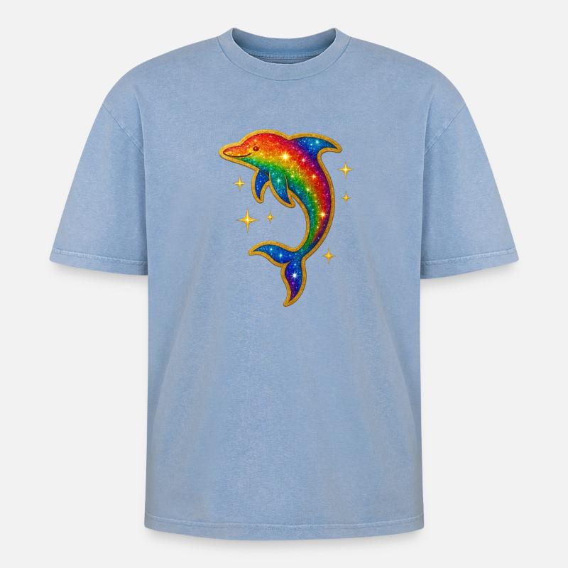 Rainbow Dolphin Glitter - Oversized Unisex Premium Acid-Washed T-Shirt - acid washed blue